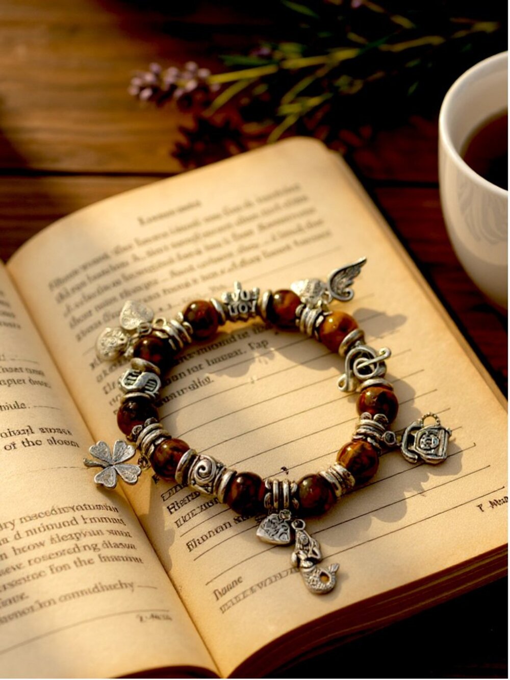 Tiger’s Eye Charm Bracelet Boho Stretch Beaded Silver Tone Mermaid Clover - Picture 4 of 11